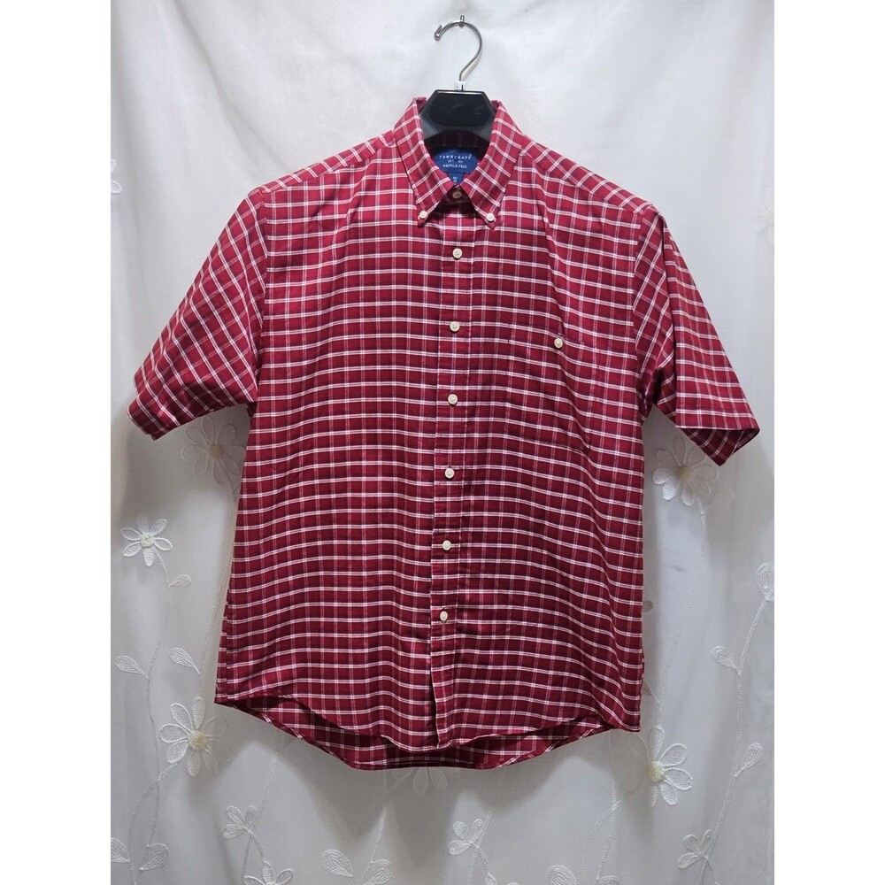Towncraft Mens Medium Red Top Plaid Checkered Grandpcore Gingham Winkle Free